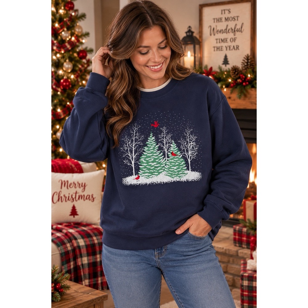 Sawyer Creek Studio Womens Large Christmas Sweatshirt Cardinals Trees Navy